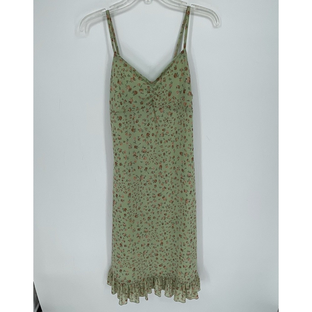 No Comment Women's Green Floral Mesh Ruffle Hem Stretch Slip Dress Size M